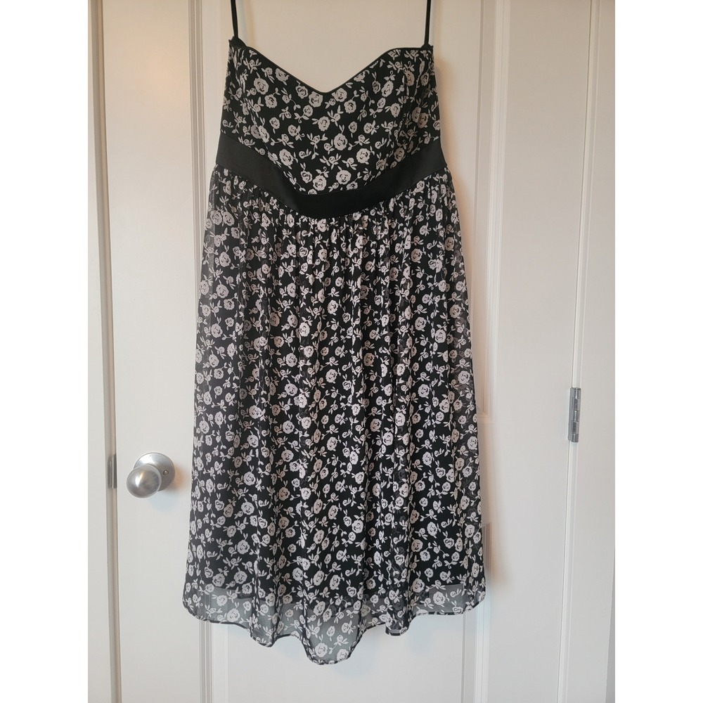 White House Black Market Floral Strapless Midi Dress Black White Rose Size 14